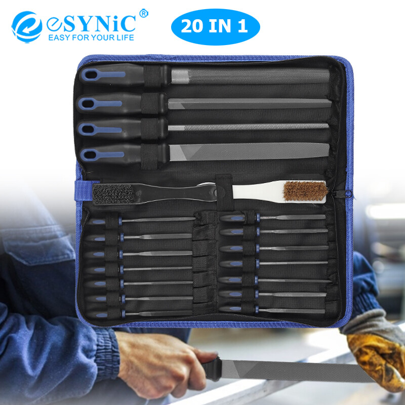 Esynic bộ dũa 20 trong một với dũa tam giác nửa tròn phẳng 4x200mm & bộ dũa kim 14 x bộ dũa kỹ sư tay cầm mềm