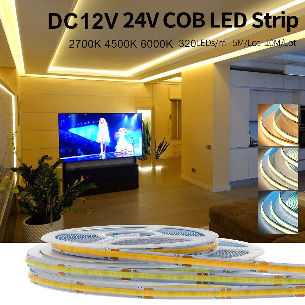 Angelila 1m 2m 3m 5m DC12V 24V High Density COB LED Strip Light Super