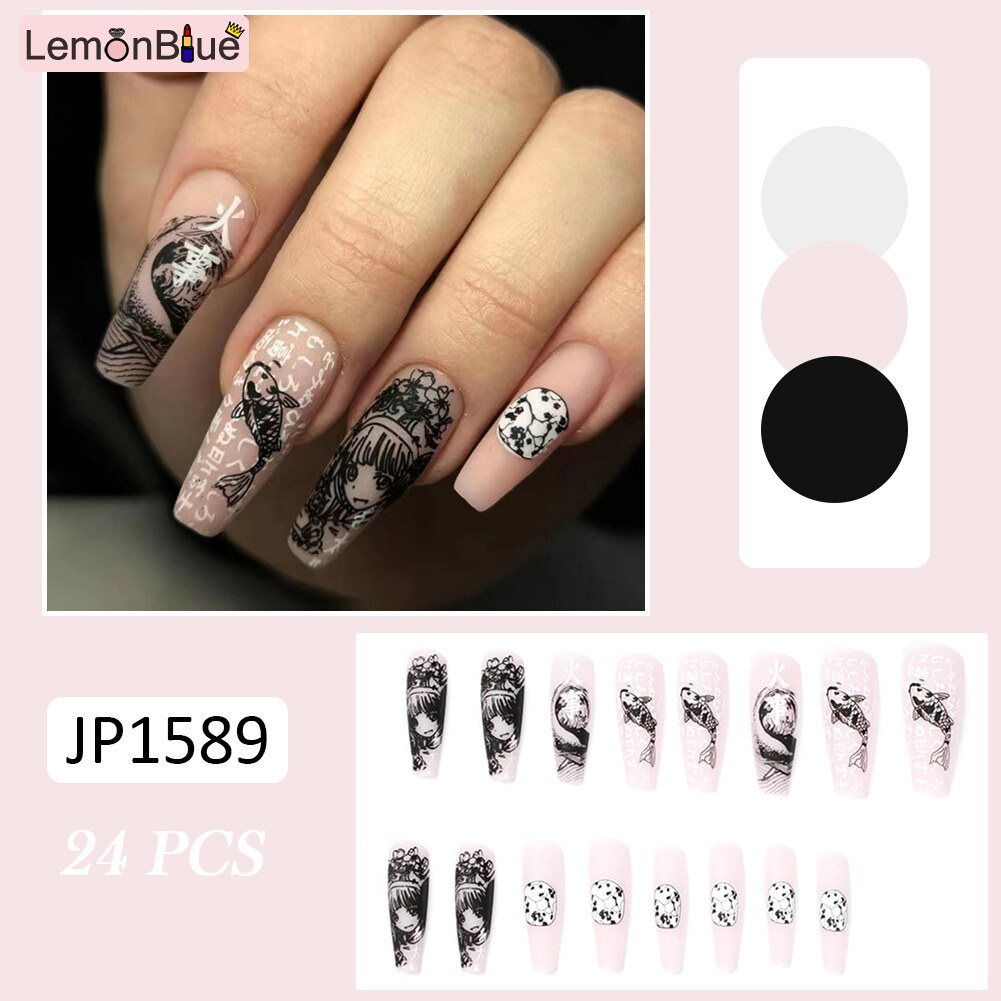 Gambar 24PCS Long Ballet Nails Black Graffiti French Manicure Press On Nail for Women Finished Nails Piece Fake Nails Jelly Gel Glue Type Removable Save Time