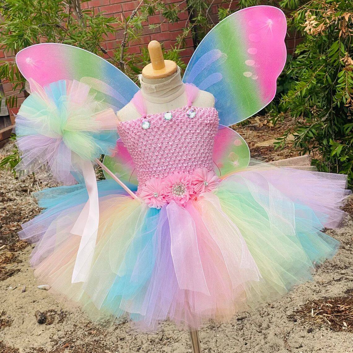 Girls Pastel Butterfly Fairy Dress Kids Flower Tutus with Wing