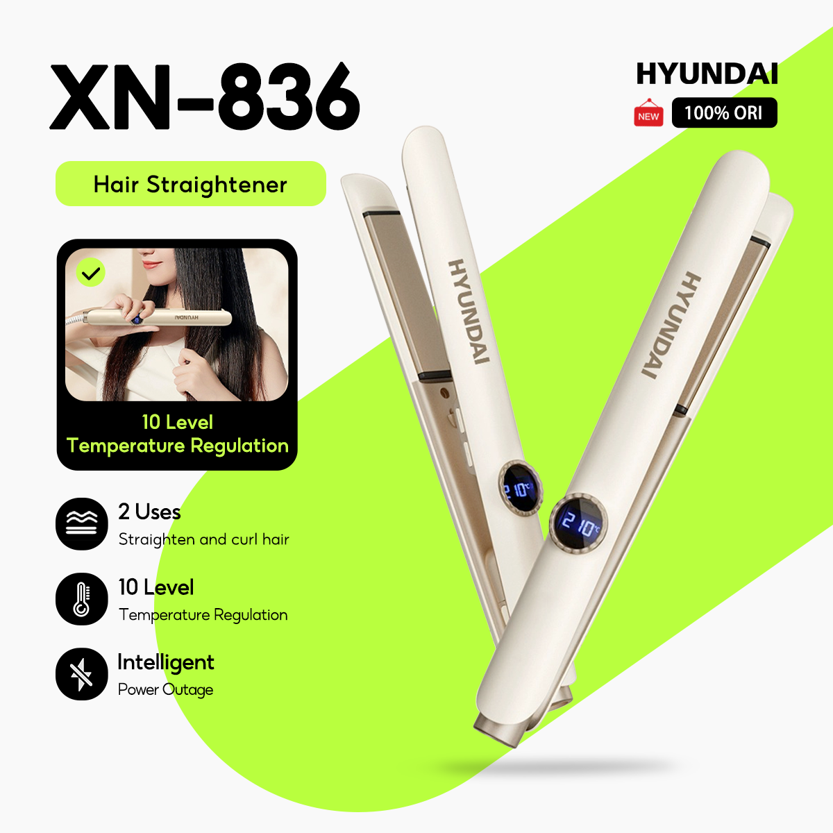 Hyundai XN836 Hair Straightener & Curler 2-in-1 with Negative Ion, Ceramic Technology, Suitable for Everyday & Salon, Ergonomic Design Hair Styler ราคา 499 บาท*ส่งฟรี
