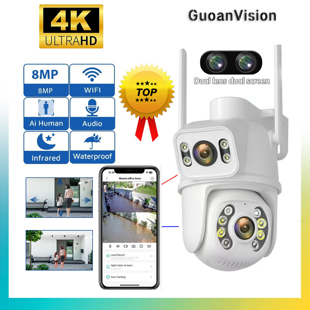 Guoan 8MP 4K Camera Wifi Dual-Ống Kính AI Con Người Phát Hiện Camera CCTV không dây ngoài trời Video CCTV Camera giám sát Wifi bảo vệ an ninh Camera IP PTZ