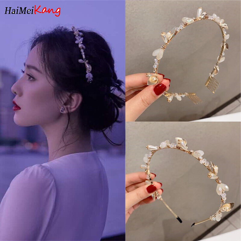 Băng Đô Đính Đá Lá Ngọc Trai Cho Phụ Nữ Phong Cách Hàn Quốc Chéo Băng Đô Pha Lê Kim Loại Hoang Dã Bờm Tóc Phụ Kiện Tóc
