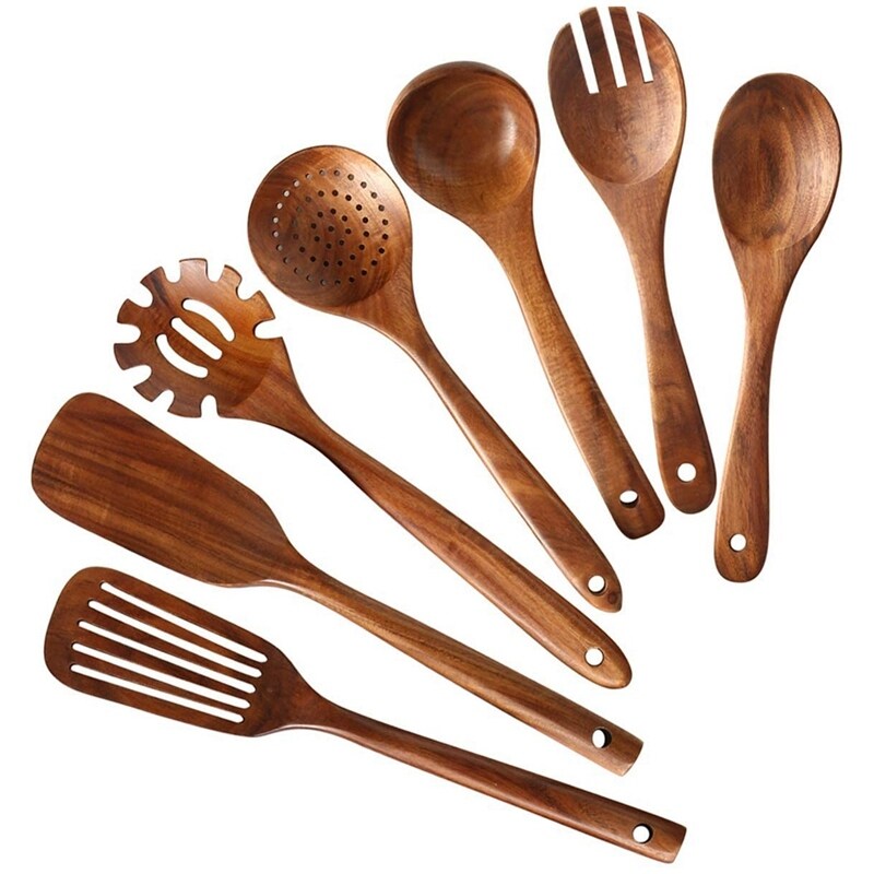 Gambar New Wooden Kitchen Utensils SetWooden Spoons for Cooking Natural Teak Wood Kitchen Spatula Set for Including 7 Pack