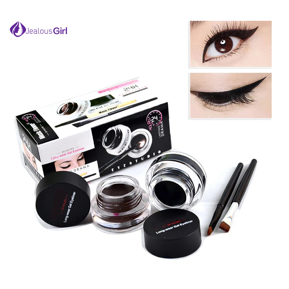 2 in 1 Coffee and Black Gel Cream Eyeliner Make Up Waterproof Cosmetics Set Eye Liner+Brushes Makeup Eye Cosmetics