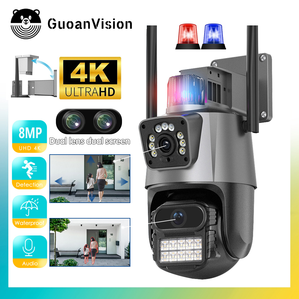 Guoan 8MP 4K Camera CCTV âm thanh wifi ngoài trời camera phát hiện chuyển động đèn cảnh sát báo động giám sát Video CCTV IP66 không thấm nước camerma