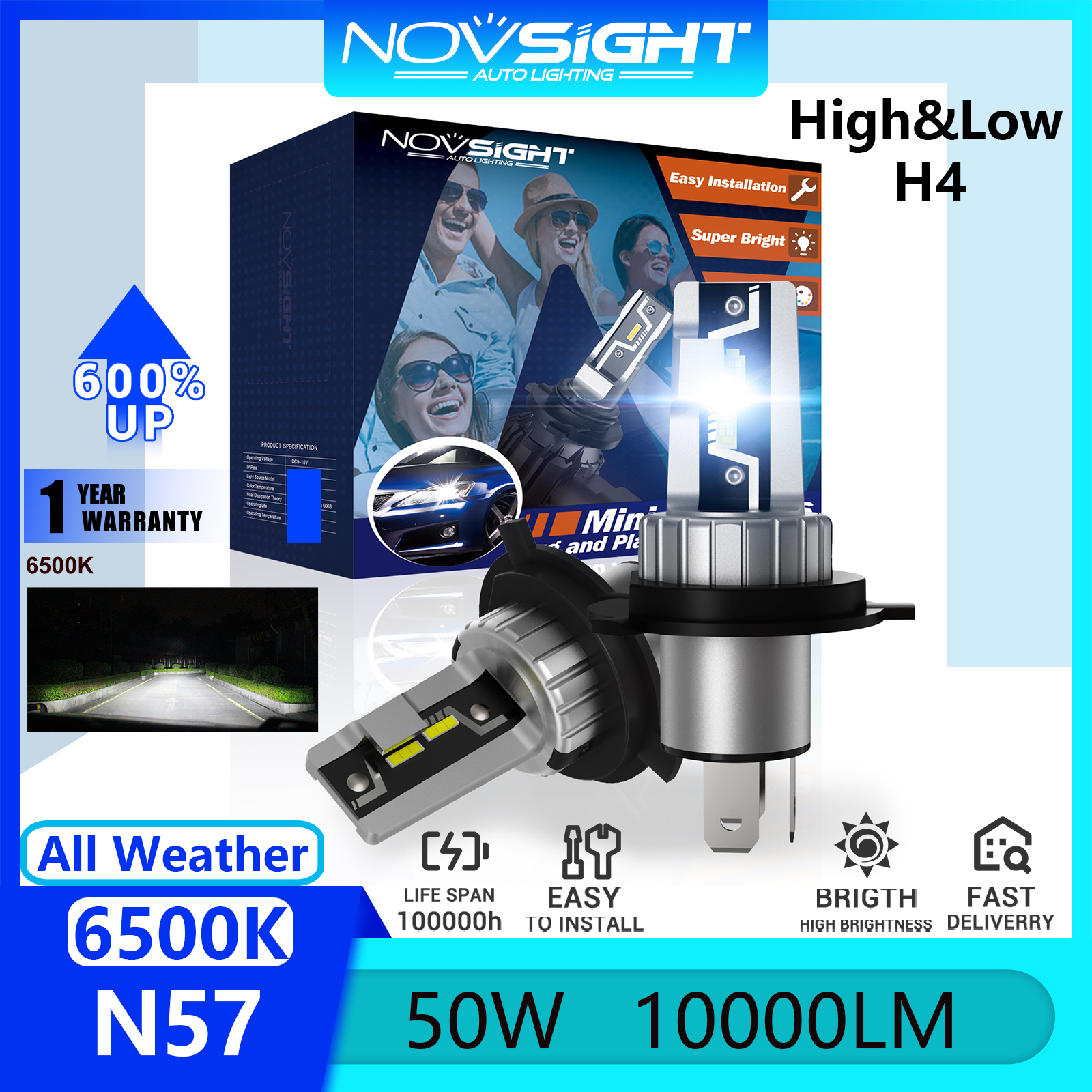 New Arrival Novsight N57 H4 9003 HB2 Car LED Headlight Bulb 1:1 Designed 50W 6500K 10000LM High & Low Beam For Car / Motorcycle