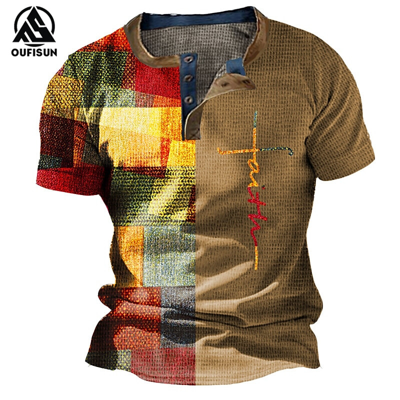 Oufisun Áo sơ mi kiểu Color Block đồ họa cho nam áo sơ mi công sở thường ngày áo phong cách hoài cổ thời trang kiểu Mỹ in 3D tay ngắn áo thun cổ điển có cúc Hawaii Áo Thun hoàn toàn thăng hoa
