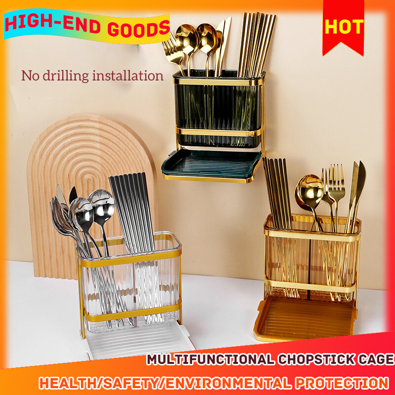 Gambar Light Luxury Double layer Chopsticks Tube Kitchen Tableware Chopsticks Cage Punch free Knife And Fork Spoon Chopsticks Storage Box