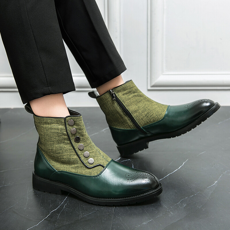 Banchugw Men Chelsea Boots Green Slip-On Cowboy Boots Men Fashion Ankle Boot Mens Designer Casual Short Boots