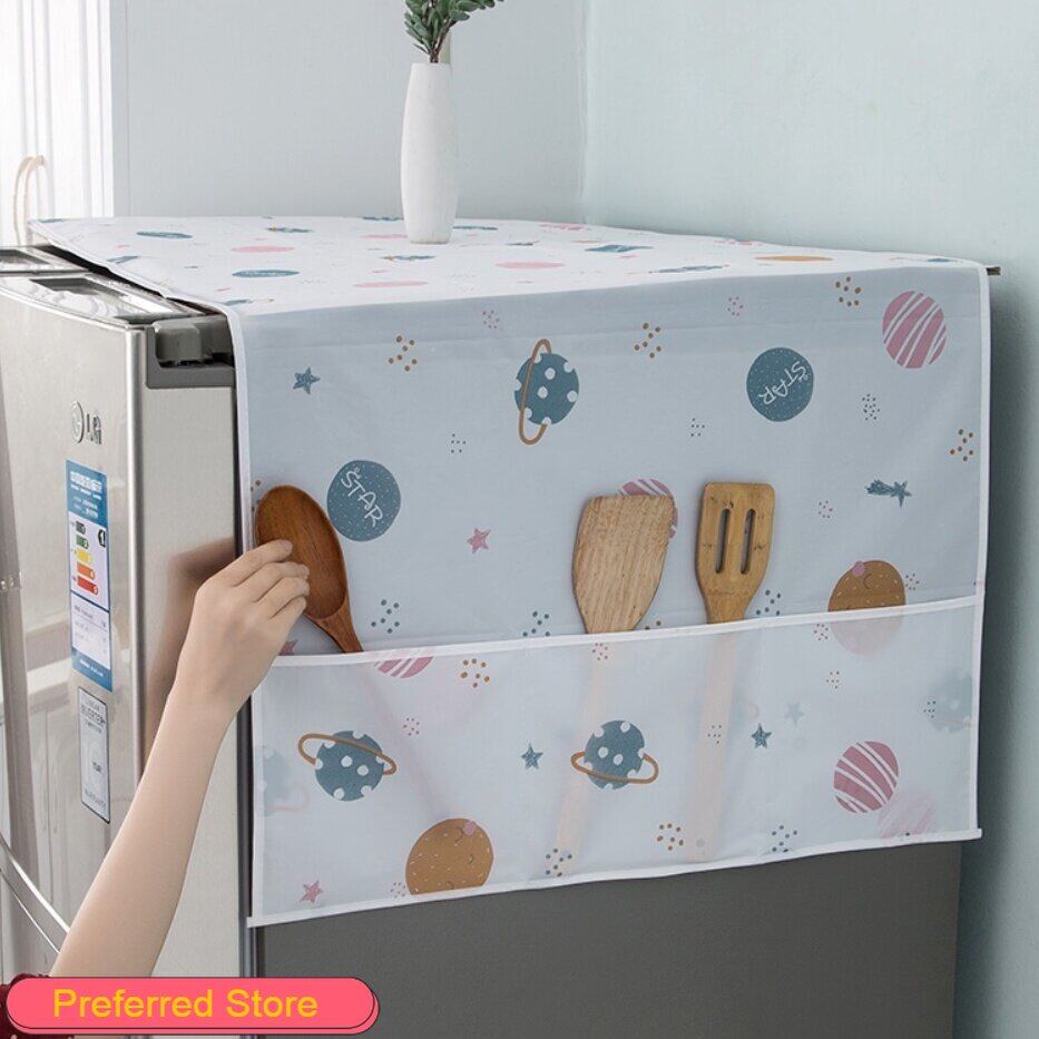 Gambar Refrigerator Cloth Dust Cover Hanging Bag Dustproof Cover Oil Proof Microwave Oven Cover Waterproof Cover with Pocket ????? ??? ??? ???