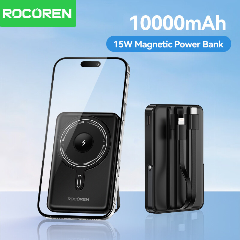 Rocoren 8-in-1 Powerbank 10000mAh không dây magne-tic điện cầm tay 15 Wát Sạc Nhanh Pin sạc dự phòng với được xây dựng trong cáp đôi