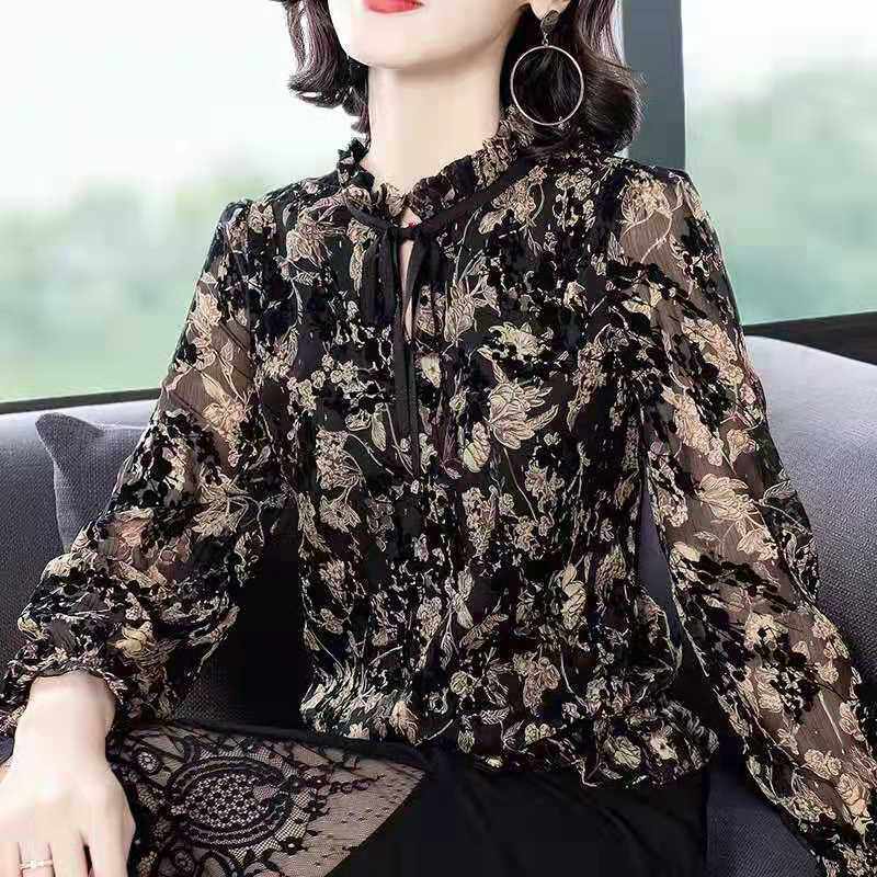 Mùa xuân và mùa thu Voan Tay áo dài T-Shirt mới của phụ nữ 2023 hoa phân mảnh lớn thời trang đa năng áo tay dài