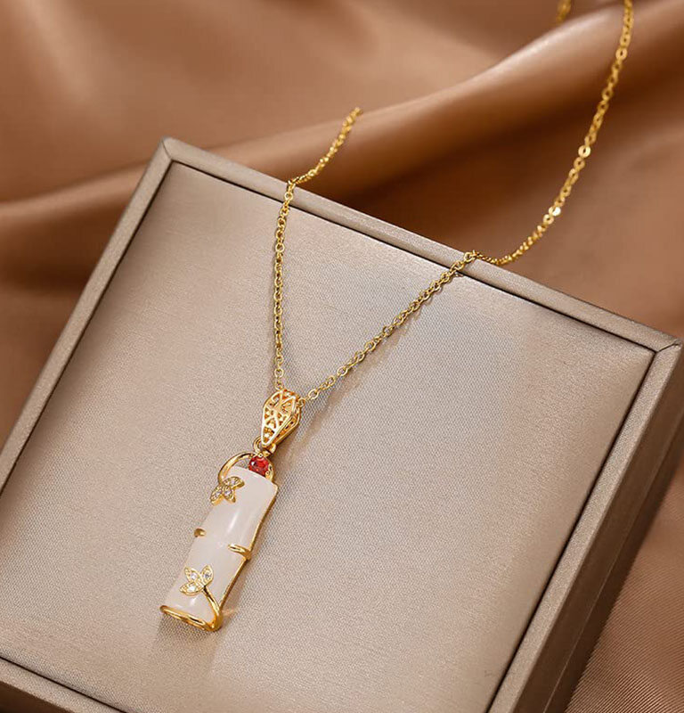 Her Lab Jewelry | 18k Gold Plated Stainless Steel Chain Carved Charm Jewelry Crystal Bamboo Pendant ราคา 257 บาท*ส่งฟรี