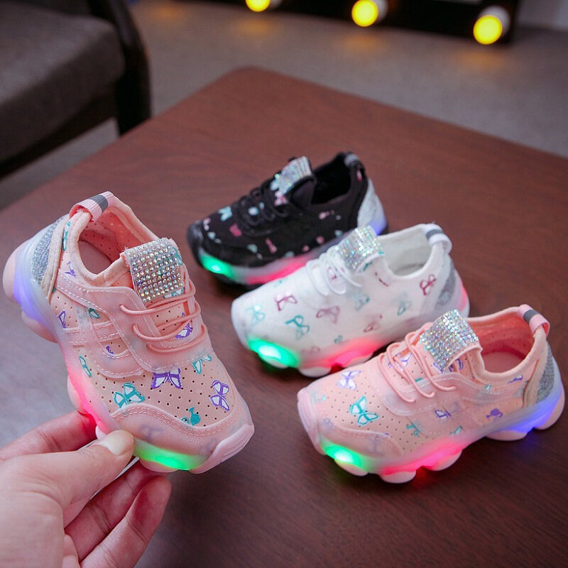 Giày Trẻ Em Mới, Đèn Ngủ Chạy Bộ Thể Thao Có Đèn LED Pha Lê Hình Bướm Cho Bé Trai Bé Gái Breathable Sneakers