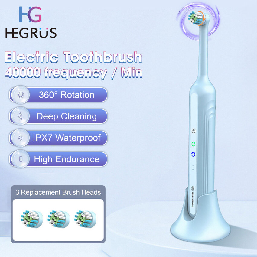 Hegrus bàn chải điện đầu xoay bàn chải đánh răng điện 40000 tần số/phút bàn chải đánh răng điện xoay 360 ° có thể sạc lại usb bàn chải đánh răng chăm sóc răng chăm sóc răng miệng với 3 đầu bàn chải thay thế độ bền lâu dài bàn chải điện sạc
