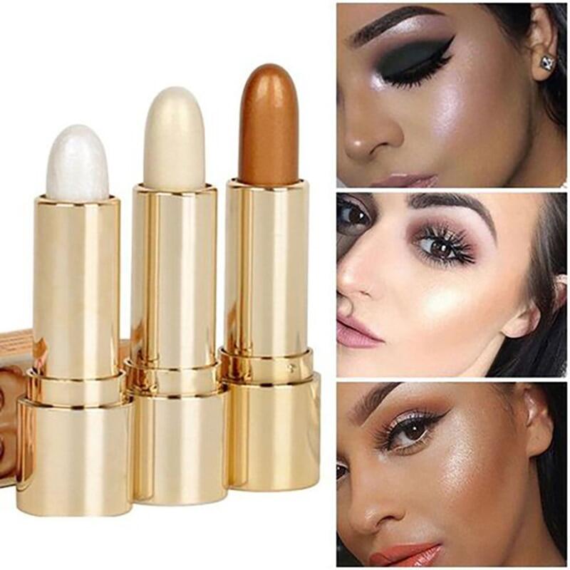 Gambar 3 Colors 3D Face Brighten Highlighter Bar Cosmetic Face Contour Bronzer Shimmer Highlighter Stick Concealer Cream Makeup tool