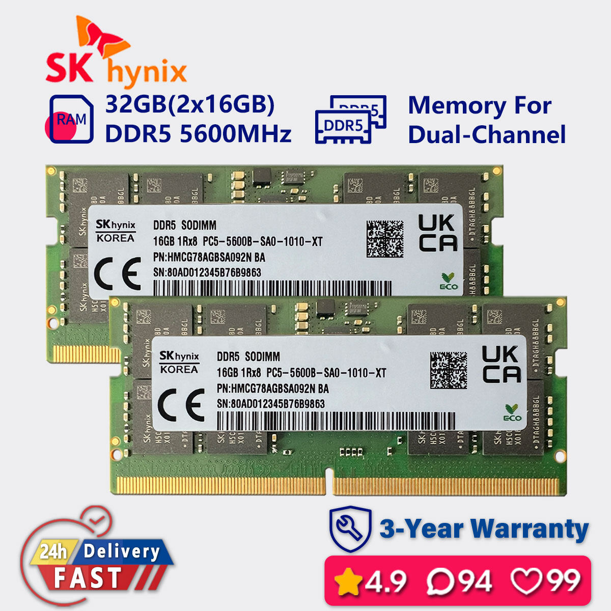 DDR5 Laptop RAM SK Hynix 16GB DDR5 5600 Laptop RAM - 1Rx8, PC5