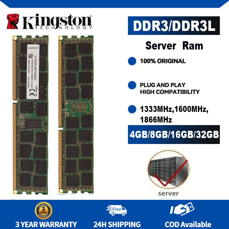 Kingston DDR3 DDR3L recc RAM 1.5V/1.35V 4GB 8GB 16GB 32GB 1333MHz 1600MHz 1866MHz ECC Reg 2Rx4 PC3-10600R PC3-12800R PC3-14900R Bộ nhớ máy chủ (không hoạt động trên máy tính để bàn và máy tính xách tay! Chỉ hoạt động trên máy chủ!)