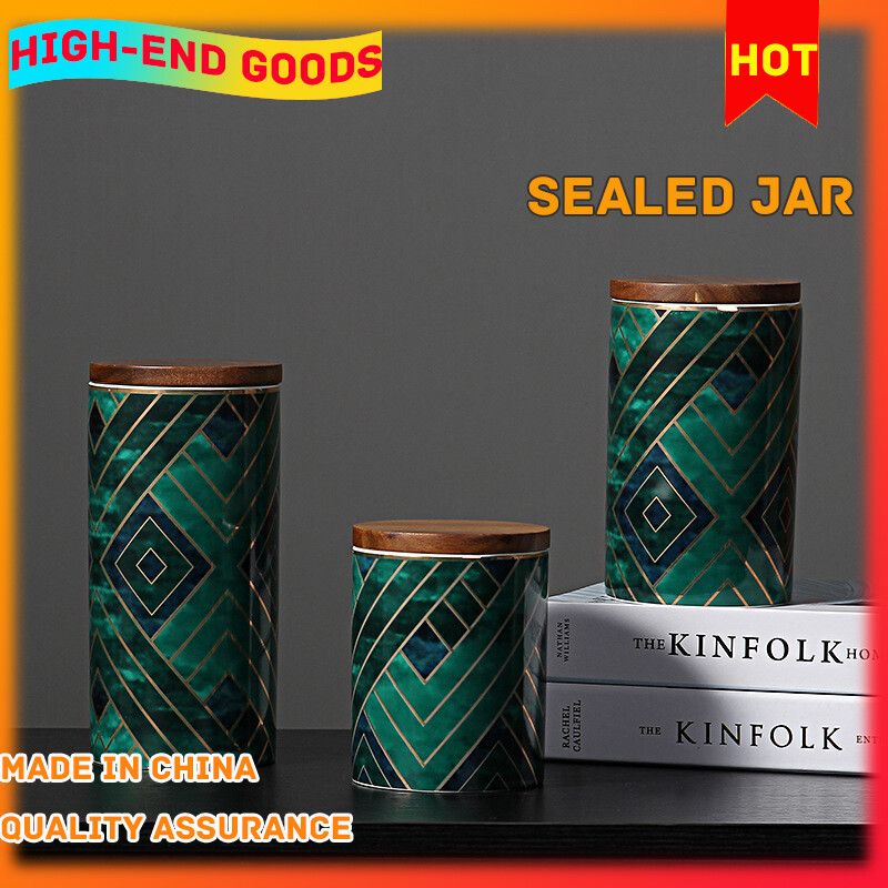 Gambar Nordic Light Luxury Style High Emerald Sealed Ceramic Jar Flower Tea Storage Tank Creative Storage Tank Ornament