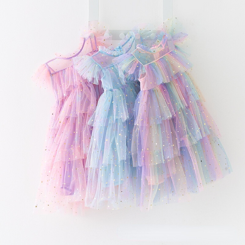 Girl Sequin Rainbow Princess Dress 3 6 8 Yrs Fancy Kids Unicorn Mesh Party