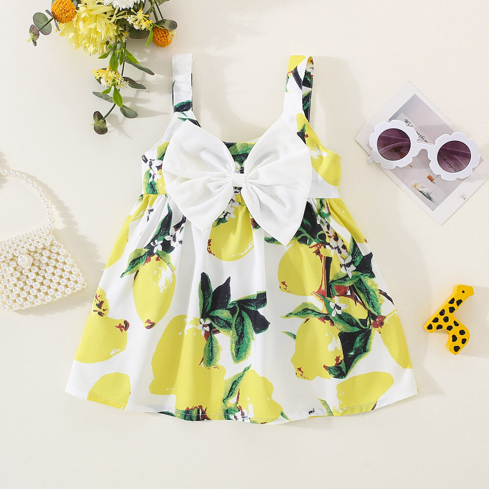Pure White Bow Baby Girl Sling Dress Summer New Fruit Print Baby Dress