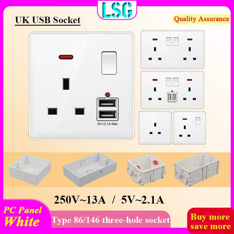 Lsg kết hợp ổ cắm có hộp nối lắp đặt /hộp đế âm tường uk ổ cắm điện loại 13a gắn tường tiêu chuẩn ổ cắm loại 86/146 ổ cắm điều khiển công tắc cổng usb 5v-2.1a 3 lỗ kép. ổ cắm gắn tường usb sạc ac/dc bộ chuyển đổi nguồn ổ cắm gắn tường anh quốc màu trắng