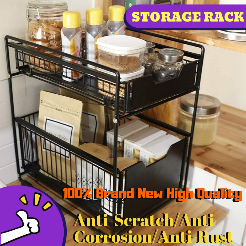 Gambar Stackable 2 Tie Under Sink Cabinets Organizer Sliding Storage Drawer Under Sink Organizer Pull Out Cabinets Organizer Shelf Sliding Basket Organizer Drawer for Kitchen, Bathroom?Countertop, Cabinet, Pantry