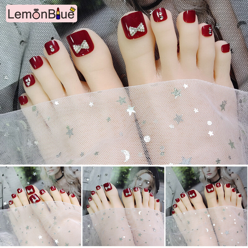 Gambar LemonBlue 24PCS Short Burgundy Fake Toenails with Rhinestone Square Adhesive Wearable Red Toes Nails Extension for Toe Nail Artist
