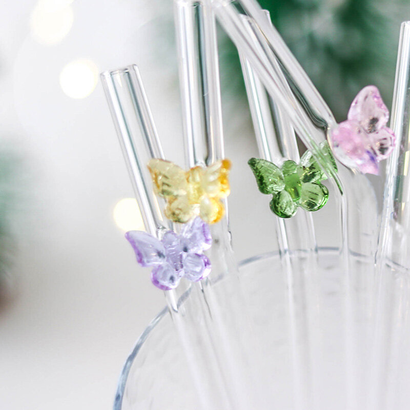 Ống hút thủy tinh bướm chịu nhiệt độ cao phim hoạt hình nước trái cây trà sữa Borosilicate cao ống hút thủy tinh