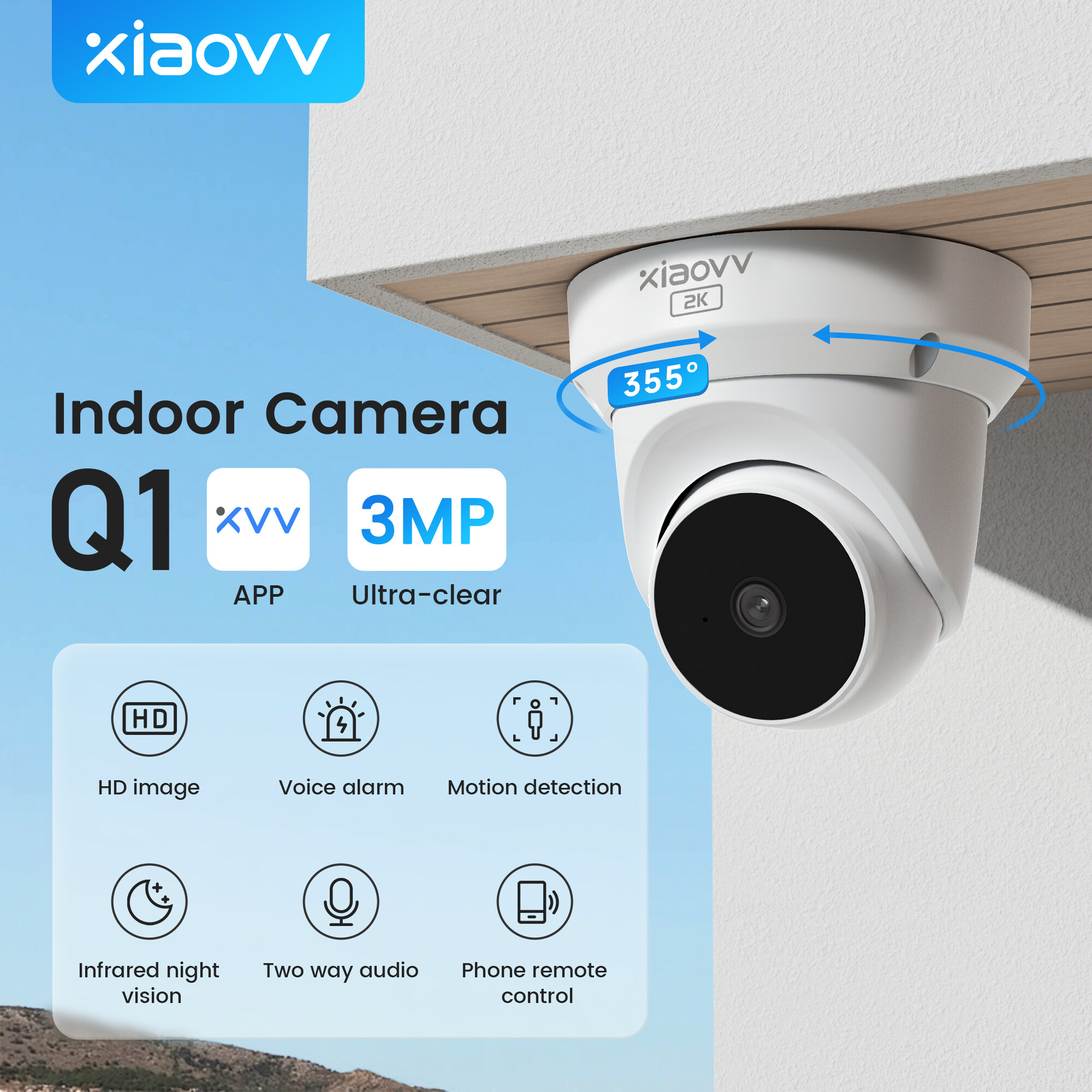 Xiaovv Q1 thông minh trong nhà CCTV Camera IP không dây Wifi kết nối điện thoại điều khiển từ xa 110 ° góc rộng 1296P/3MP hồng ngoại an ninh gia đình quan sát ban đêm bảo vệ Dễ dàng cài đặt