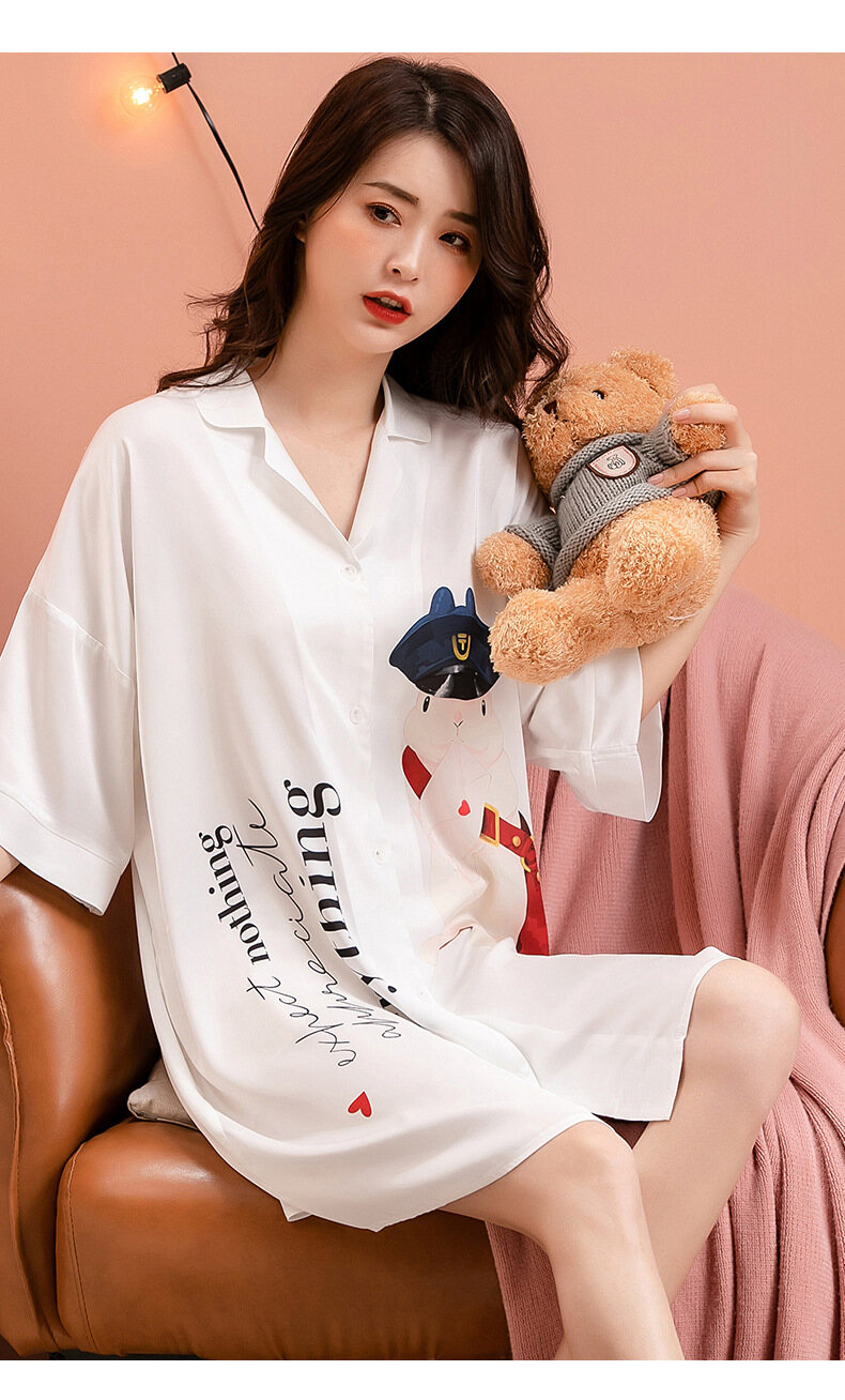 Váy ngủ nữ Cho Phụ Nữ, V-Cổ Cài Cúc Voan Phim Hoạt Hình Mùa Hè Mỏng Ngủ