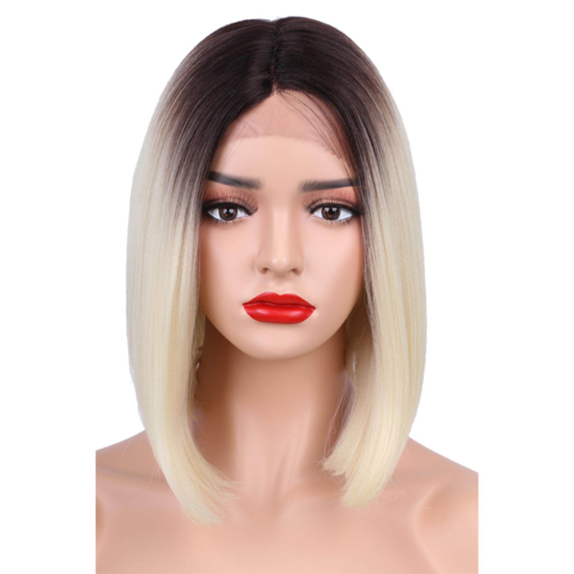 Gambar Ombre Blonde Short Straight Hair Synthetic Lace Front Wigs Fashion Women Wig
