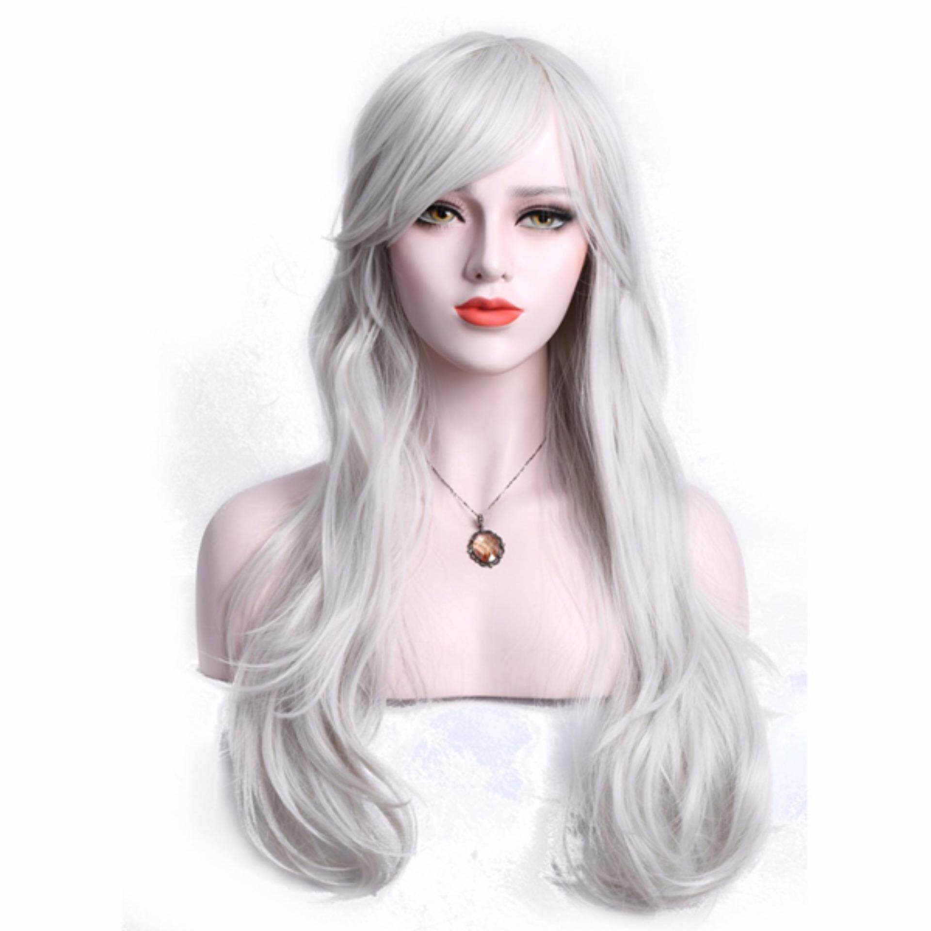 Gambar Women Cosplay Wig Grey White Long Wavy Hair With Bangs Fiber Synthetic Wigs