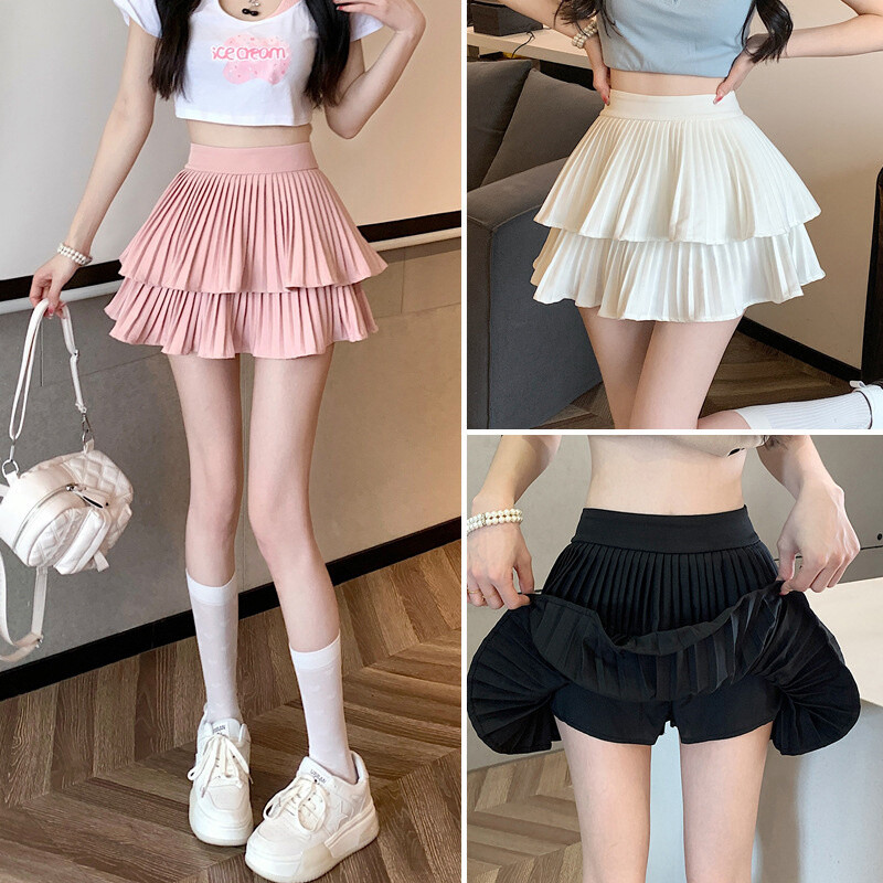 Thời trang Hàn Quốc váy xếp ly phụ nữ cạp cao màu trơn quần lửng mùa hè mới