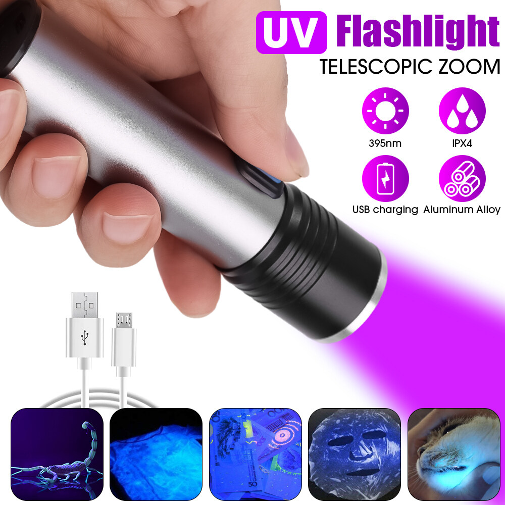 Có Thể Sạc Lại bóng đèn LED UV Đèn Pin Đèn pin tia cực tím Zoomable Mini 365 395nm UV nước tiểu thú cưng Phát Hiện Essential Cho du lịch ngoài trời
