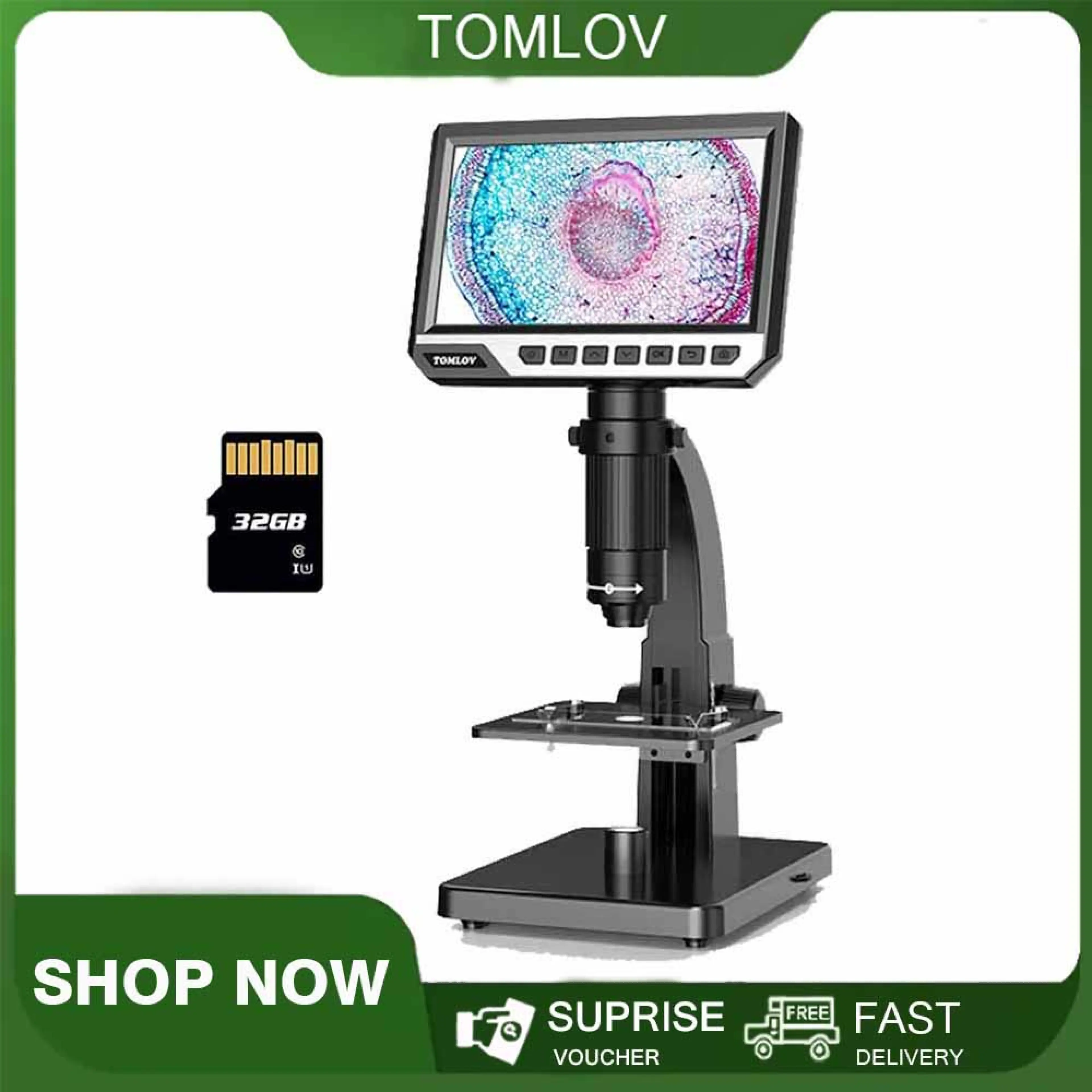 Tomlov Dm11 7'' Lcd Microscope with 2000X Magnification, Remote Control, Digital Biological Lens, 12Mp Resolution (32g Card), Compatible with Windows / Mac Os for Kids and Adults.