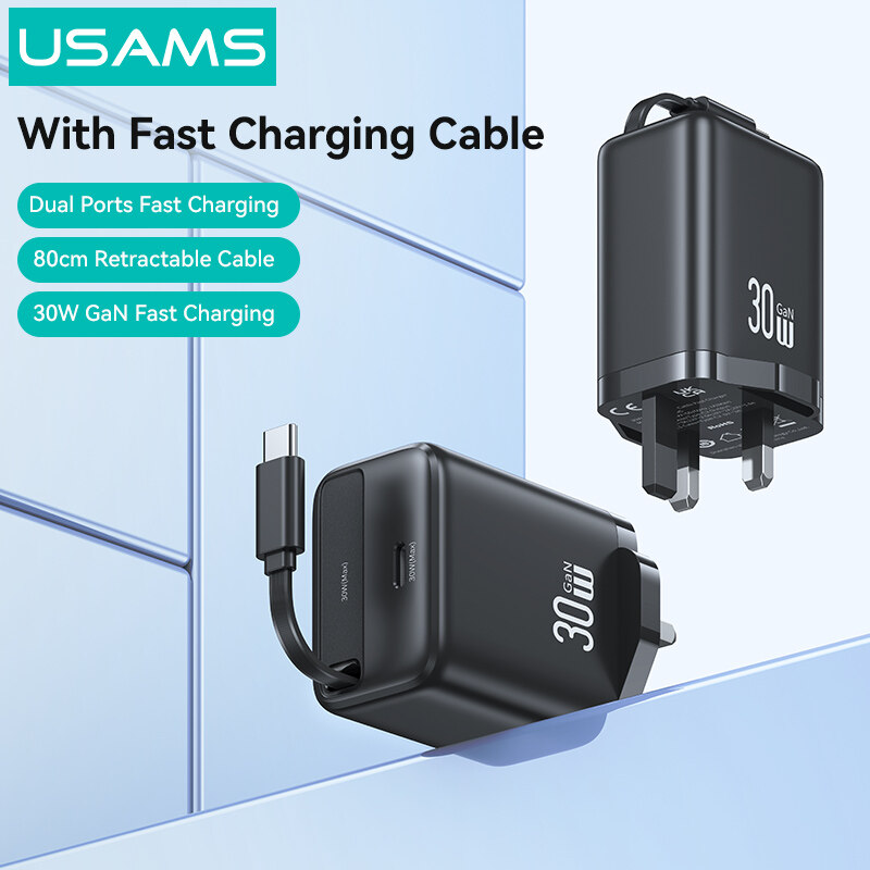 USAMS 30W GaN Fast Charger with Retractable Cable, UK/US/EU Plug 3PIN 2PIN USB C Port Portable Travel Adapter Intelligent Temperature Control Technology Fast Charging Wall Charger