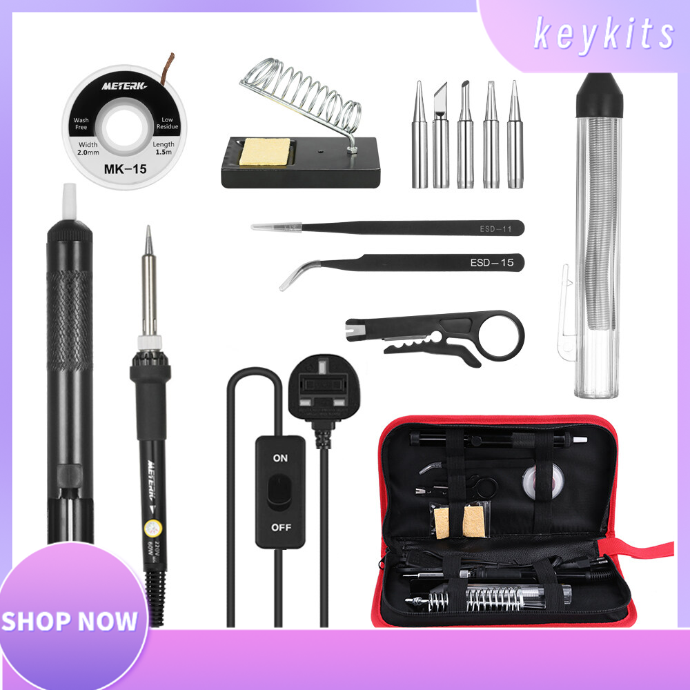 Meterk 14 in 1 Soldering Iron Kit 60W Adjustable Temperature Welding Soldering Iron with ON/OFF Switch 5pcs Soldering Tips Solder Sucker Desoldering Wick Solder Wire Anti-static Tweezers Iron Stand with Cleaning Sponge Tool Box