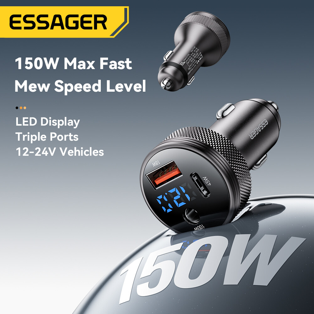 Essager 150W 3-Port DC+USB-A+Type-C Digital Display Car Charger DC Port 100W Fast Charge Type C PD45W Car Fast Charging DC+A+C Chargers For iPhone16 15 iPad Huawei Xiaomi Samsung Tablet Laptop Bluetooth Speakers Headphones Car Refrigerator Starlink Mini ราคา 258 บาท*ส่งฟรี