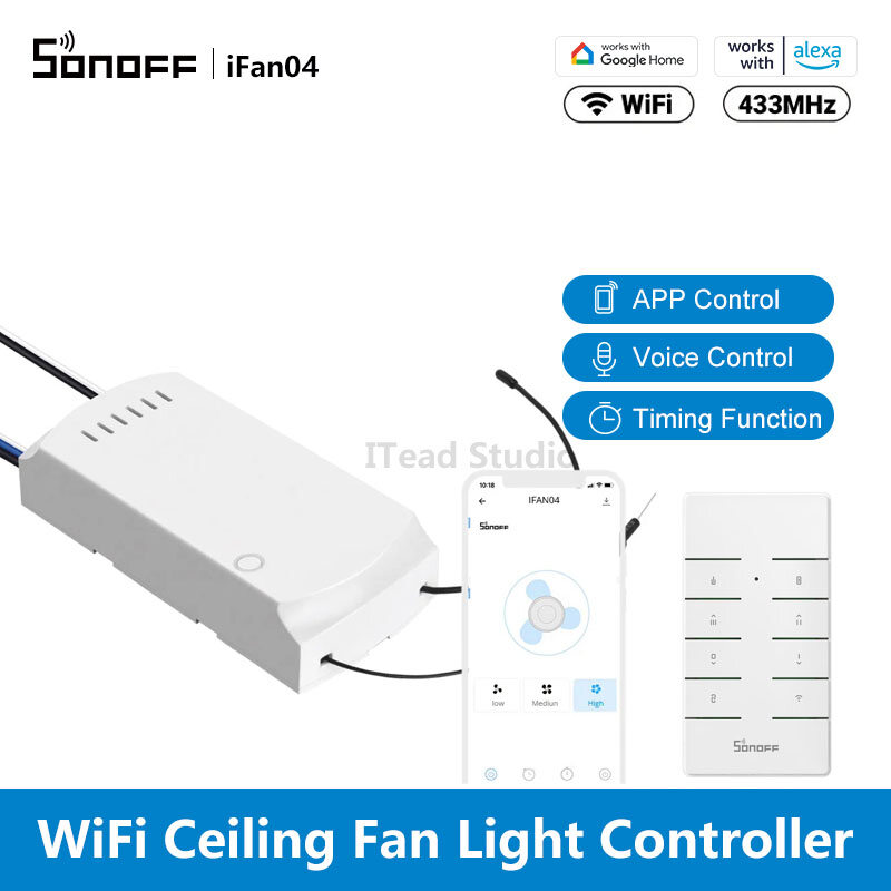 ITEAD SONOFF iFan04 Công tắc Wifi Quạt trần / Bộ điều khiển công tắc đèn Điều khiển từ xa RF 433MHZ Ứng dụng eWeLink / Điều khiển bằng giọng nói Công tắc thông minh với Remote 8 phím, Điều chỉnh 3 tốc độ quạt