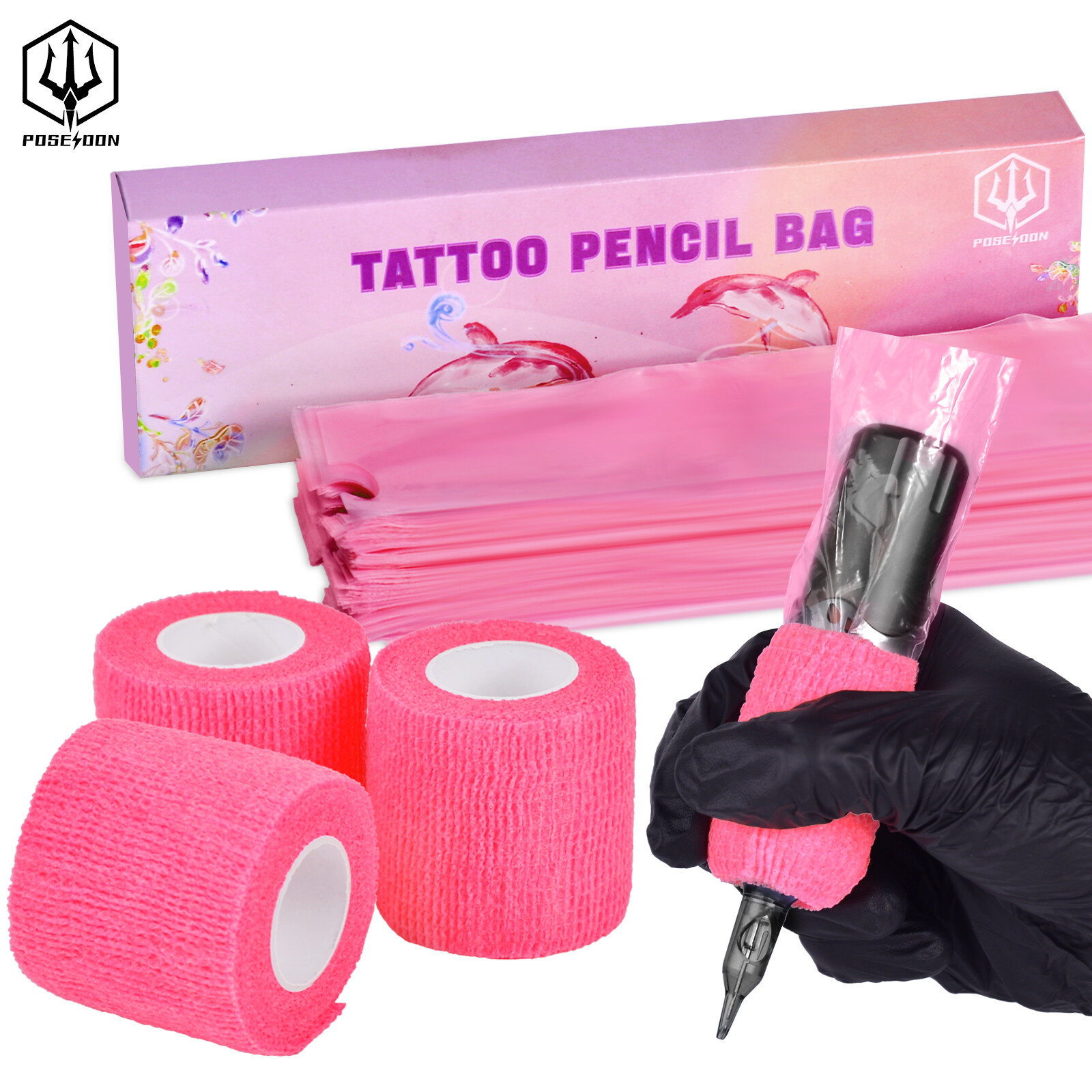 Poseidon Bộ dụng cụ xăm hình phụ kiện hình xăm Bộ 3pcs cuộn băng tự và 200pcs máy xăm hình dùng một lần Túi bút Tattoo Túi hình xăm bị bảo vệ cung cấp phụ kiện xăm hình