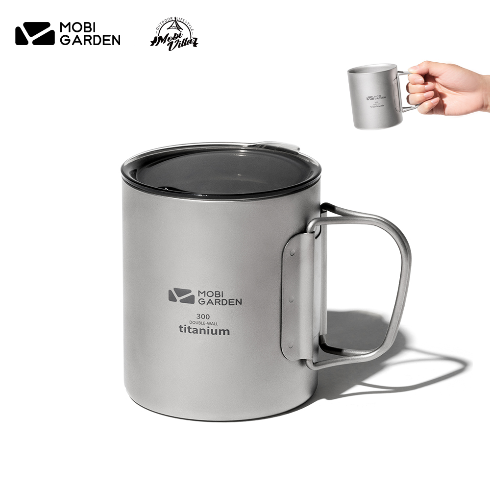 MOBI GARDEN Camping Titanium Water Cup Mug Portable Double Layer Coffee Cup Outdoor Folding Handle
