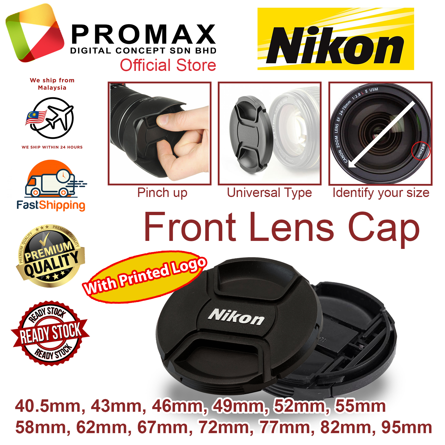 Unbranded Snap-On Front Lens Cap For Sony E & A Mount Lenses, Multiple Sizes: 40.5mm To 82mm