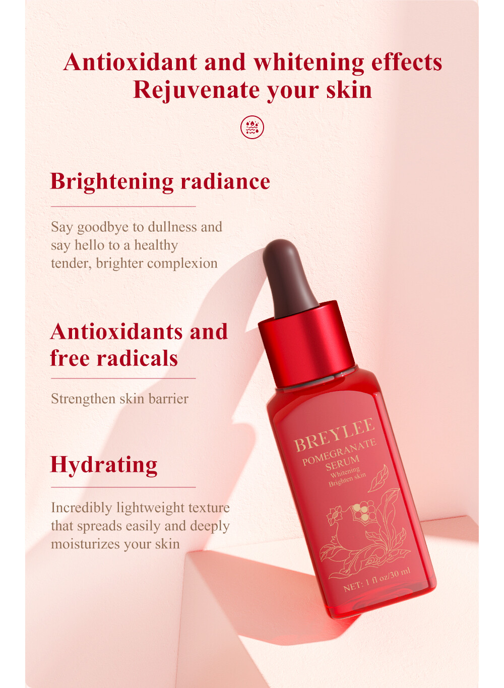 BREYLEE Serum Tinh Chất Lựu Đỏ 30ml Làm Trắng Da, Dưỡng Ẩm, Chống Oxy Hóa,Không Chất Phụ Gia,An Toàn Và Đáng Tin Cậy, Sử Dụng Được Cho Da Nhạy Cảm,for Women Men Beauty Skincare,Red Pomegranate Serum 30ml