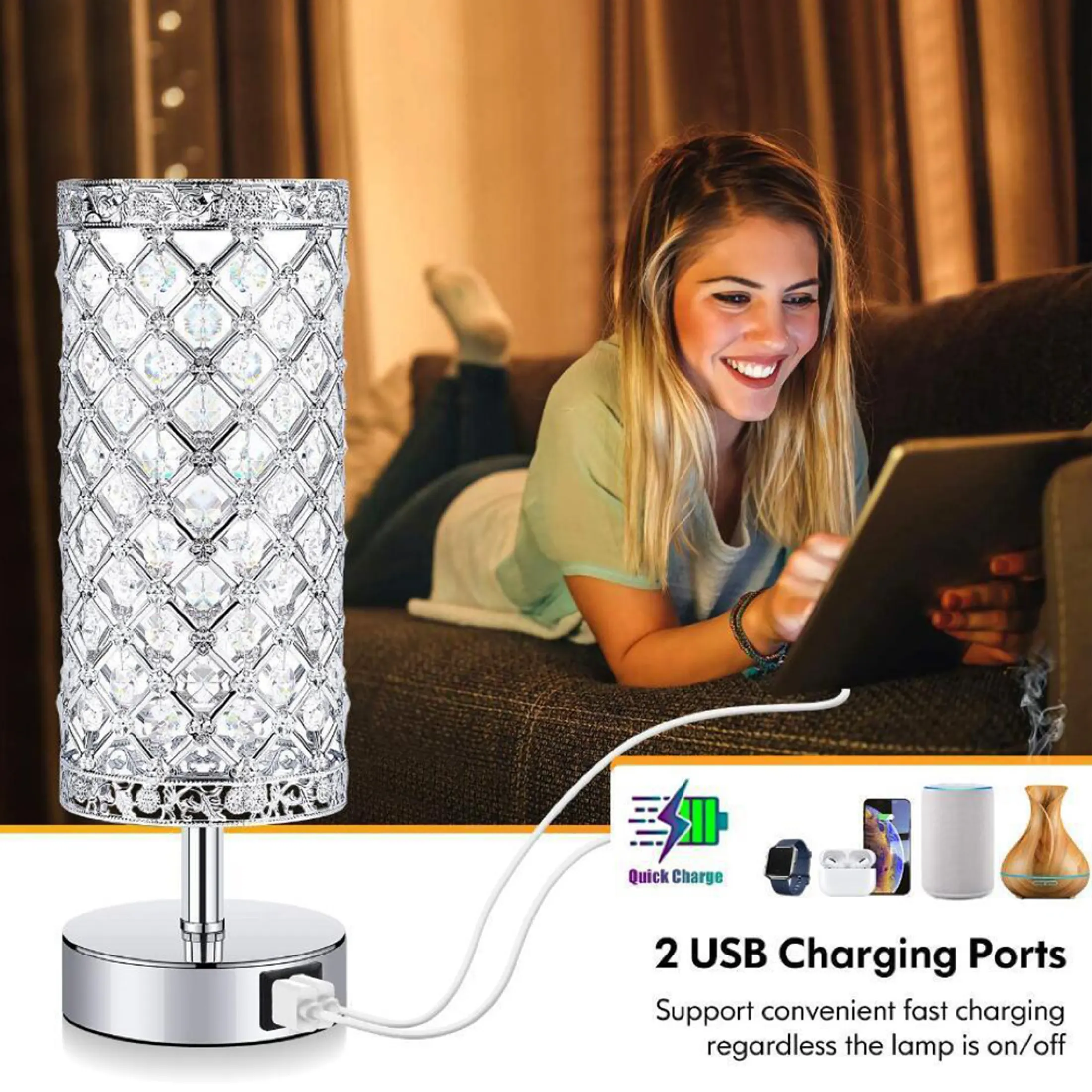 Loviver Crystal Bedside Lamp 3 Way, Touch Control Crystal Table Lamp With Usb Port