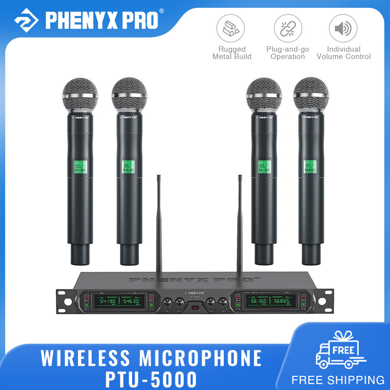 Phenyx Pro PTU-5000A Wireless Microphone System Professional 4-Channel UHF Wireless Mic Fixed Frequency Metal Cordless Mic with 4 Handheld Dynamic Microphones 260FT Range Microphone for Singing Church Stage Live Show Wedding ราคา 7,470 บาท*ส่งฟรี