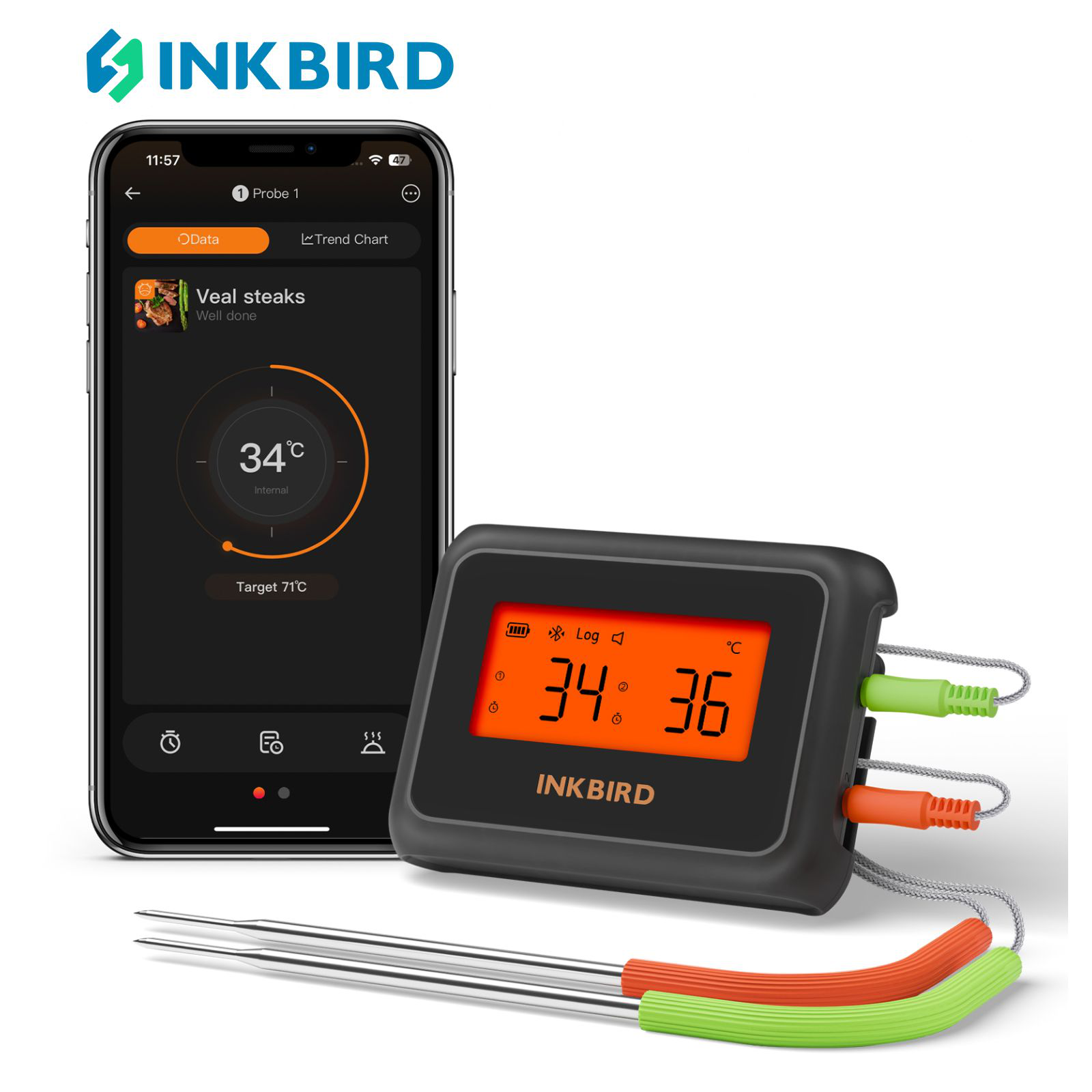 INKBIRD IDT-22-B Smart Bluetooth Food Thermometer with Dual Probe App Control Offline Data Storage Backlit HD LCD Temperature Alarms and Timer ราคา 1,372 บาท*ส่งฟรี