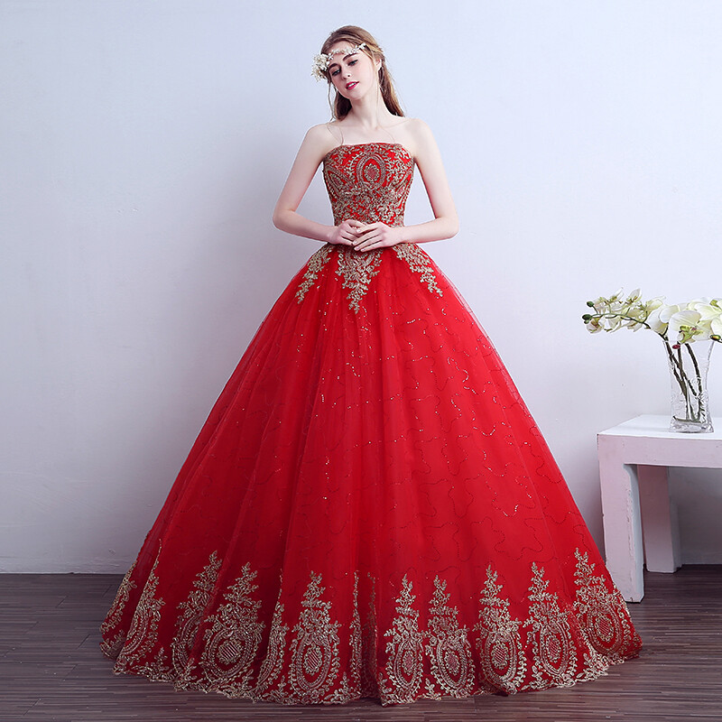 Váy cưới màu đỏ không tay không dây váy dạ hội thêu váy cưới
