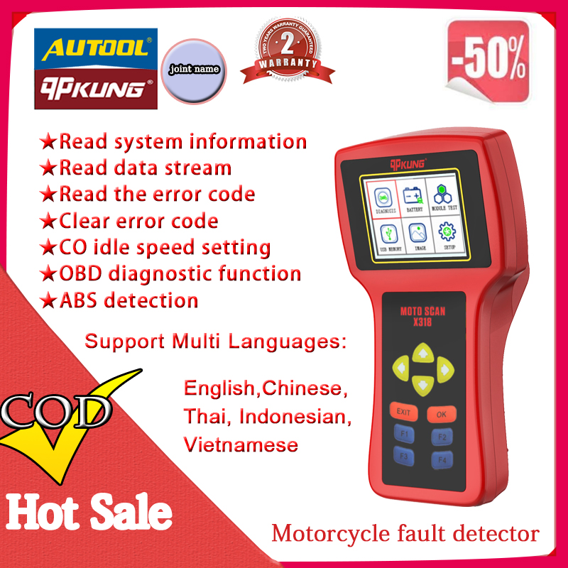 AUTOOL qpKung X318 Motorcycle Diagnostic Tool Obd2 Code Encoding Scanner TPS ABS for Kawasaki Yamaha Suzuki PIAGGIO Battery Tester Analyzer ราคา 6,767 บาท*ส่งฟรี